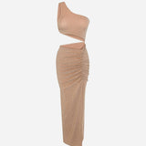 Gloria Glitter Maxi Elbise Bej