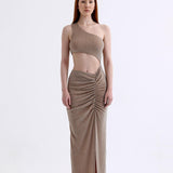 Gloria Glitter Maxi Elbise Bej