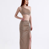Gloria Glitter Maxi Elbise Bej