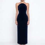 Lacivert Kadife Bodycon Midi Elbise