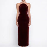 Bordo Kadife Bodycon Midi Elbise - Bordo - Souvie