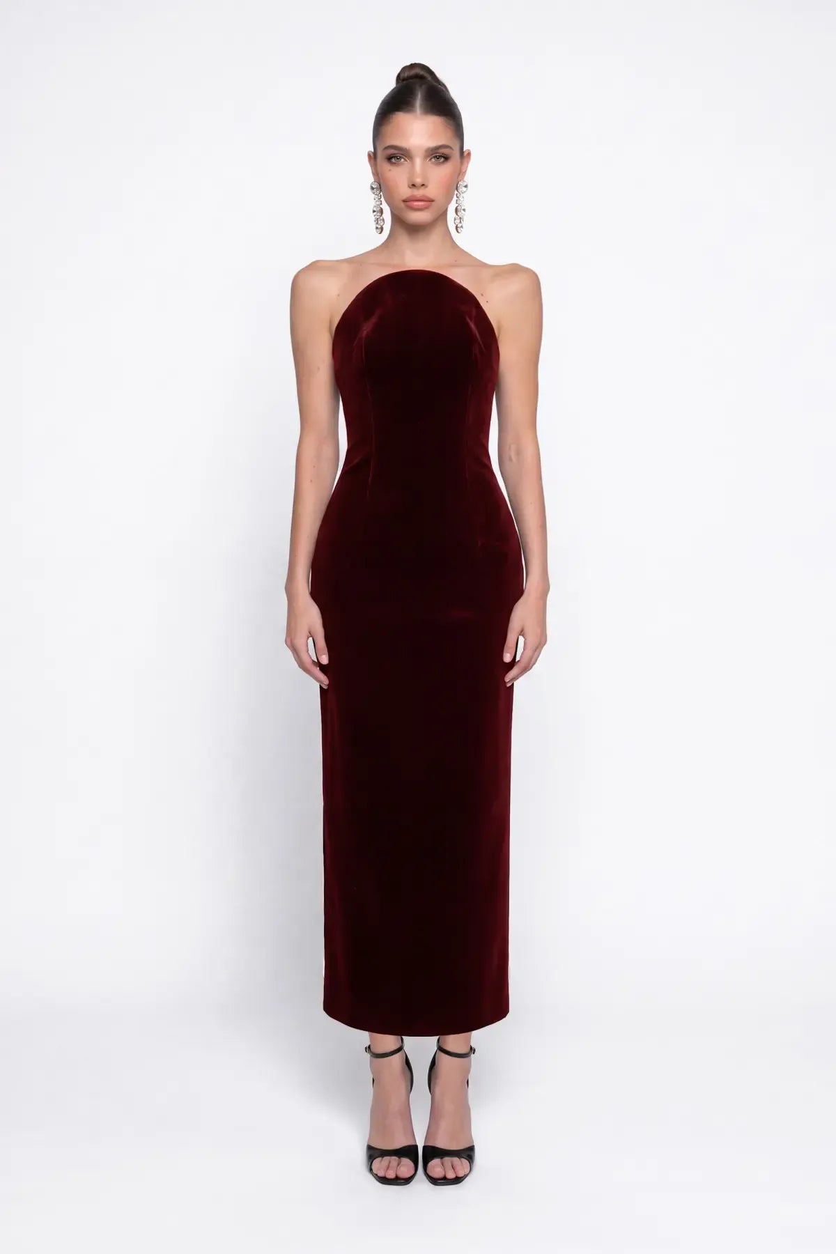Bordo Kadife Bodycon Midi Elbise - Bordo - Souvie