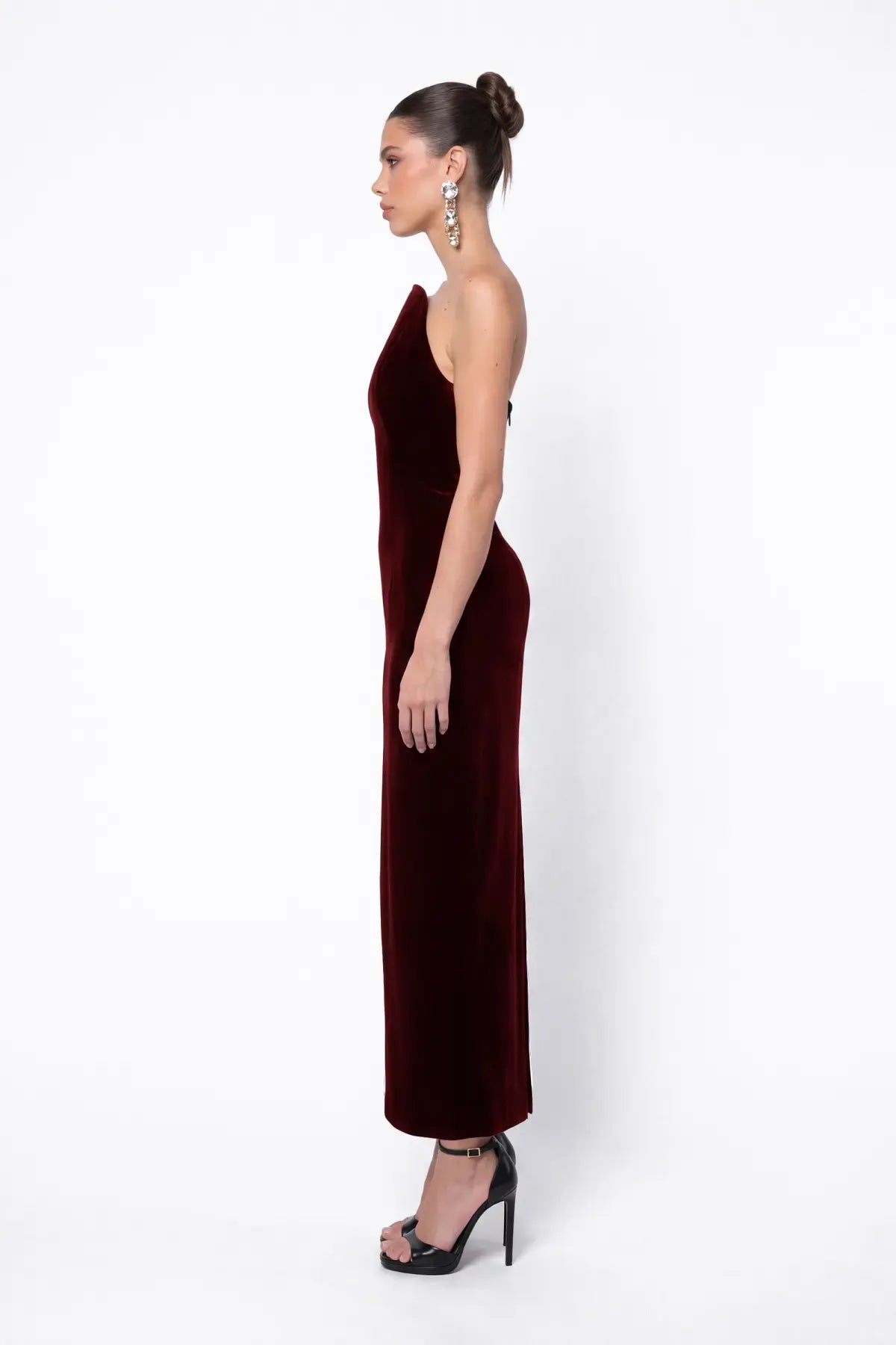 Bordo Kadife Bodycon Midi Elbise - Bordo - Souvie