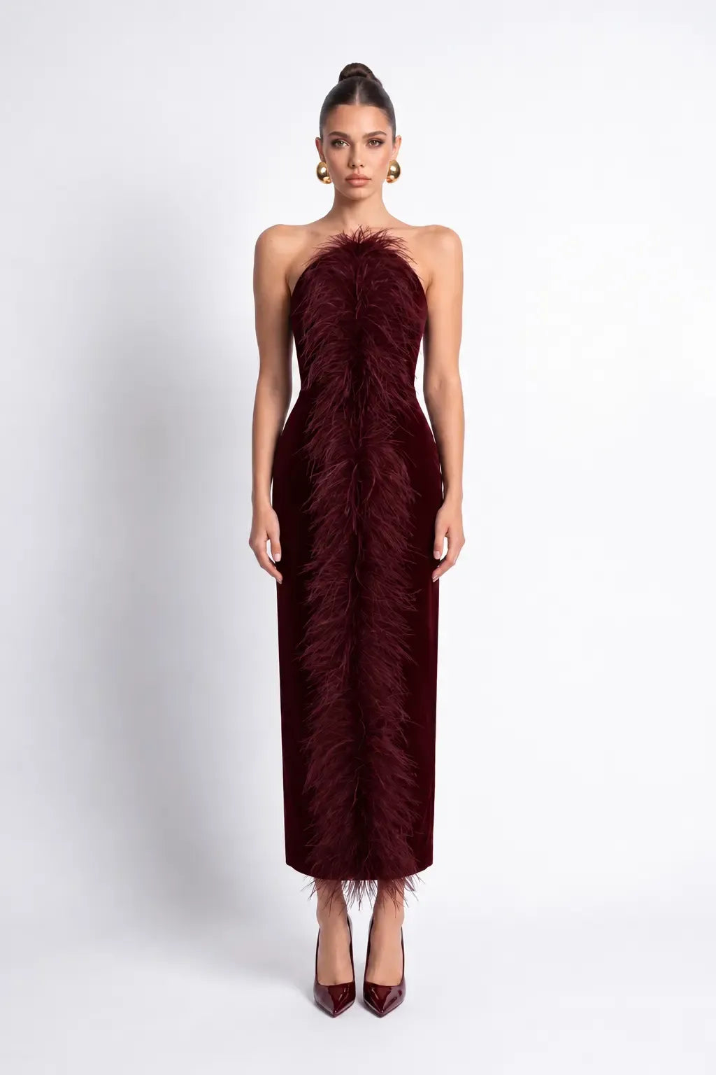 Bordo Tüy Detayli Kadife Bodycon Midi Elbise - Bordo - Souvie