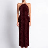 Bordo Tüy Detayli Kadife Bodycon Midi Elbise - Bordo - Souvie