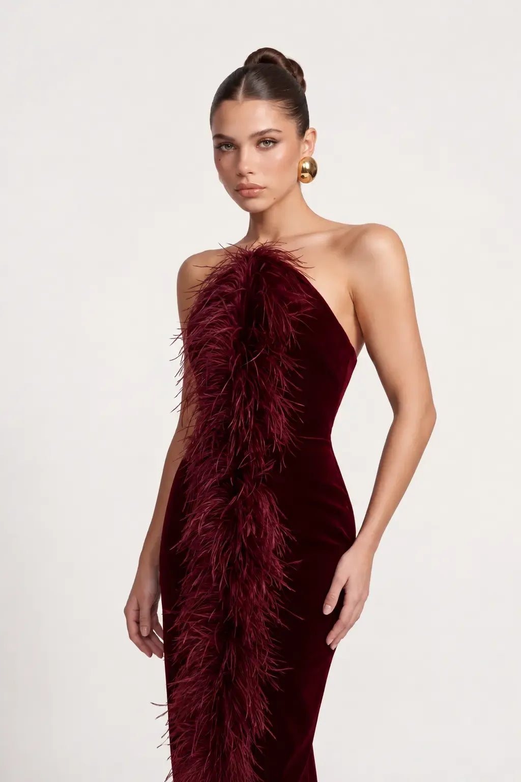 Bordo Tüy Detayli Kadife Bodycon Midi Elbise - Bordo - Souvie