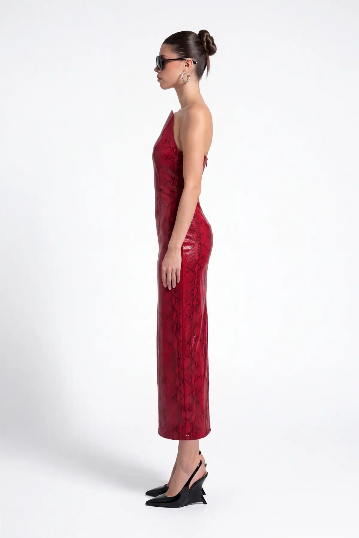 Kirmizi Piton Dokulu Bodycon Midi Elbise - Kırmızı - Souvie