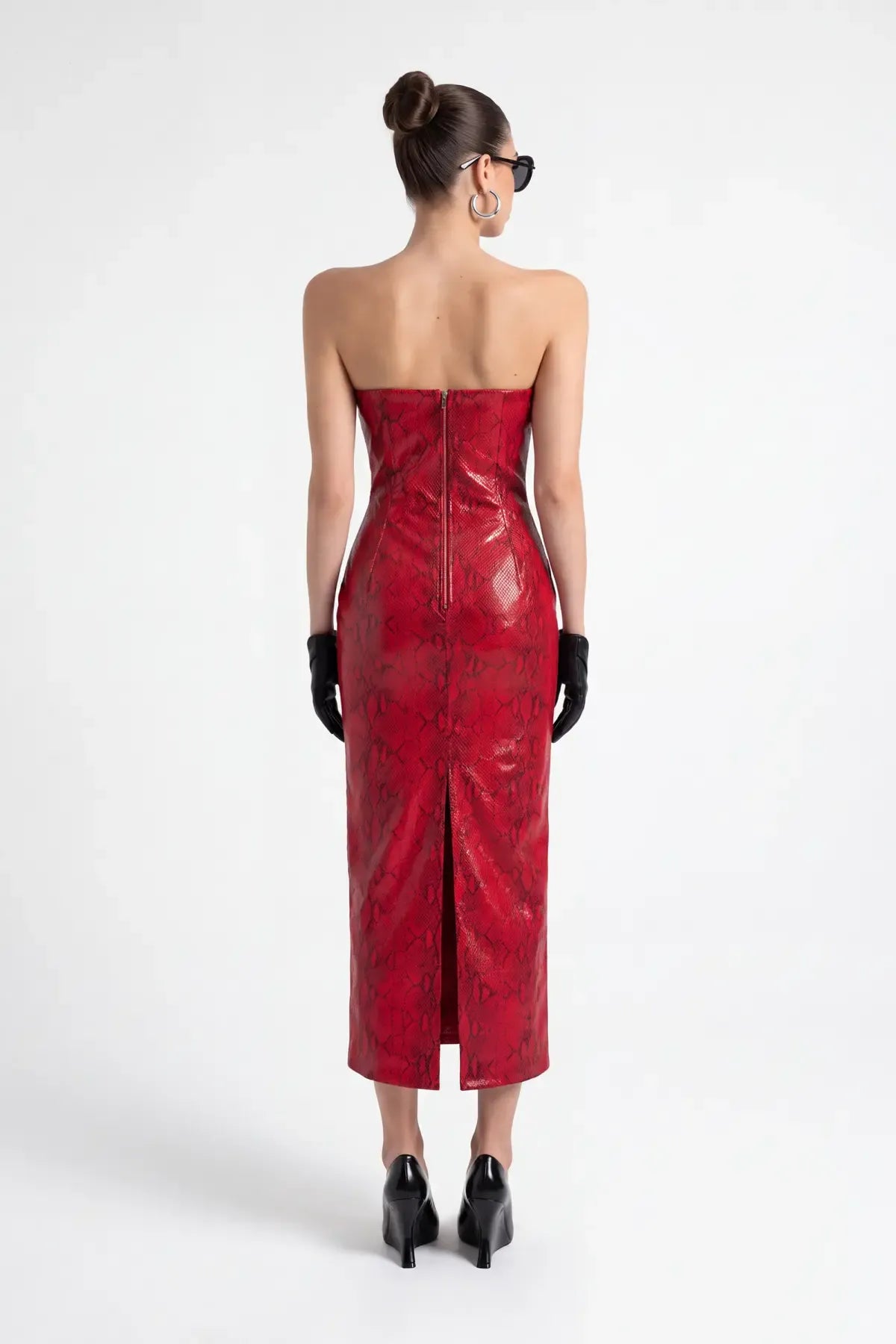 Kirmizi Piton Dokulu Bodycon Midi Elbise - Kırmızı - Souvie