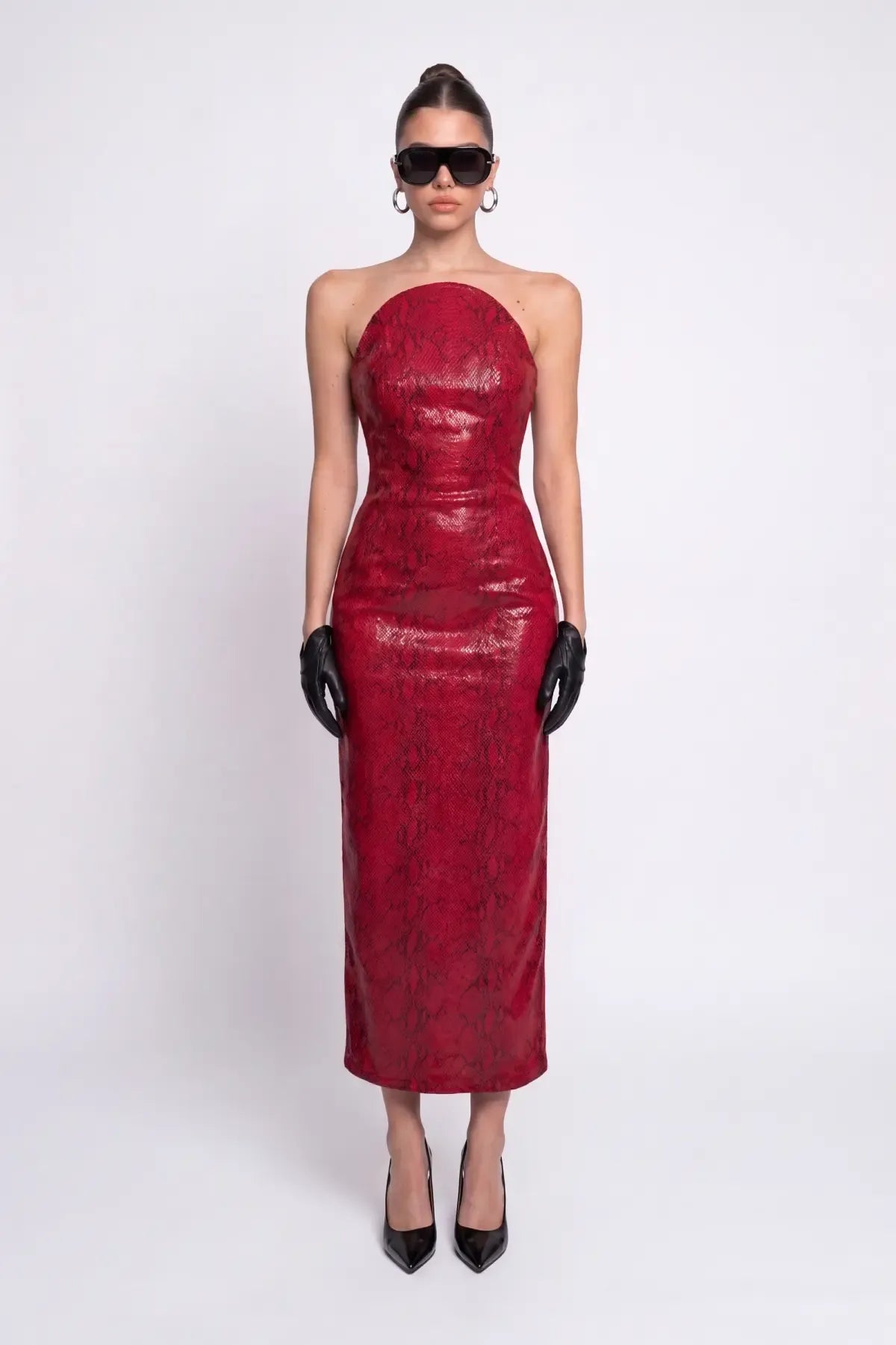 Kirmizi Piton Dokulu Bodycon Midi Elbise - Kırmızı - Souvie