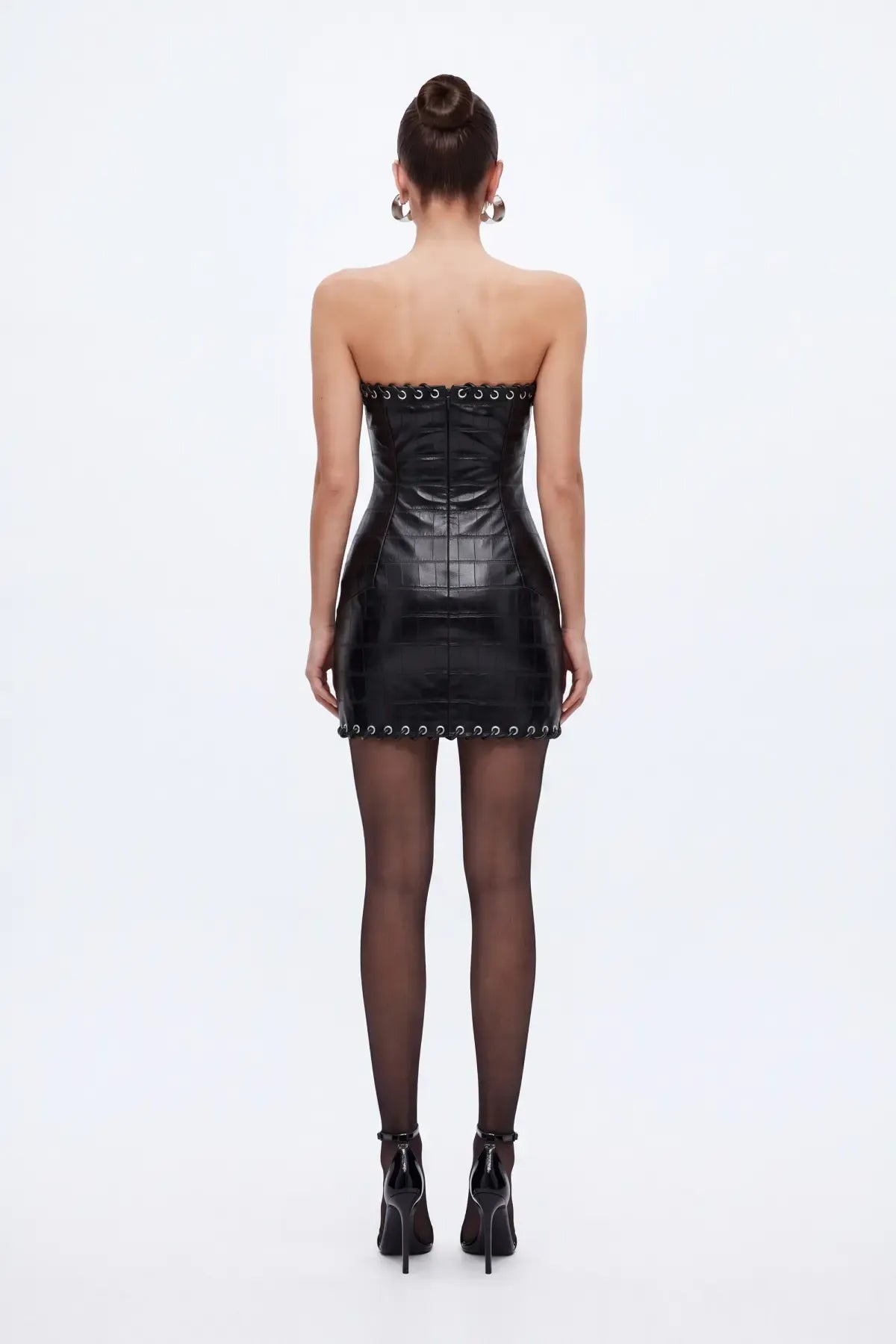 Kuş Gözü Detayli Krokodil Mini Bodycon Elbise - Siyah - Souvie