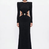 Siyah Cut-out Kadife Şeritli Maxi Elbise - Siyah - Souvie