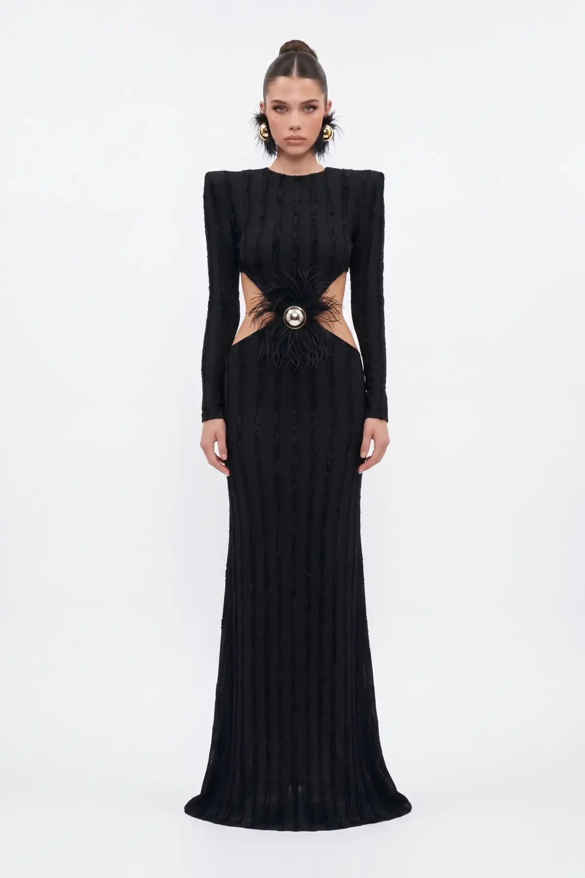 Siyah Cut-out Kadife Şeritli Maxi Elbise - Siyah - Souvie