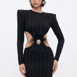 Siyah Cut-out Kadife Şeritli Maxi Elbise - Siyah - Souvie