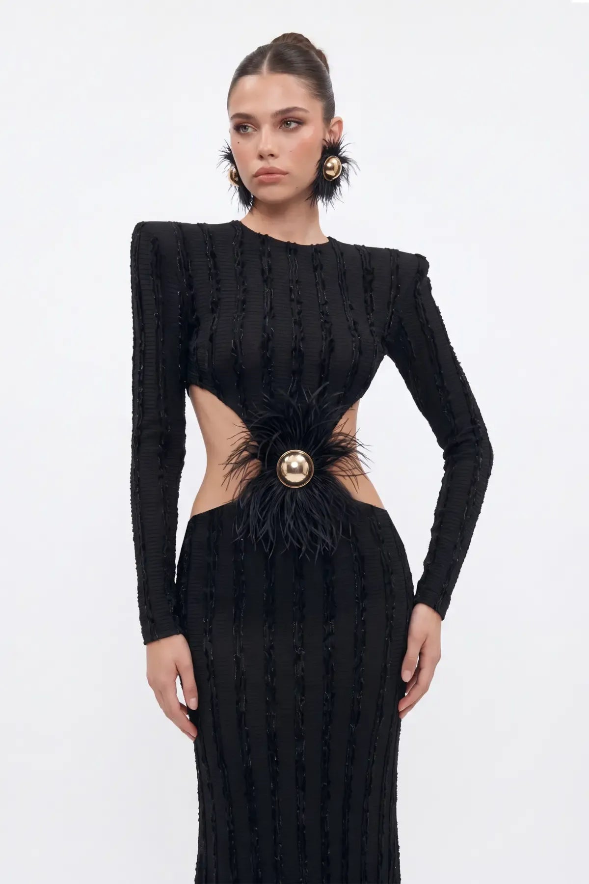 Siyah Cut-out Kadife Şeritli Maxi Elbise - Siyah - Souvie
