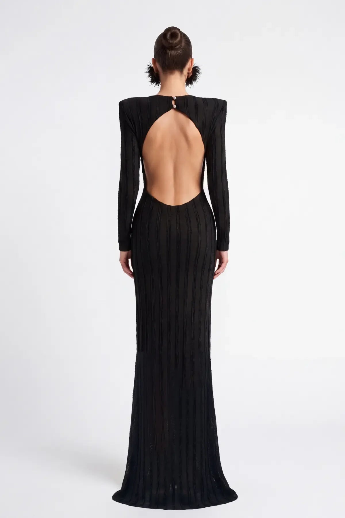 Siyah Cut-out Kadife Şeritli Maxi Elbise - Siyah - Souvie