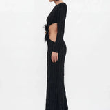 Siyah Cut-out Kadife Şeritli Maxi Elbise - Siyah - Souvie