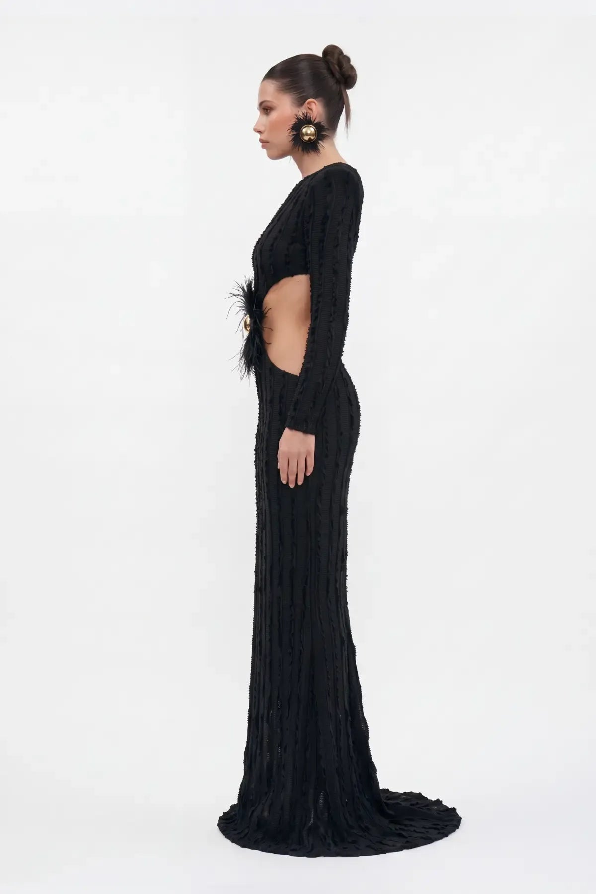 Siyah Cut-out Kadife Şeritli Maxi Elbise - Siyah - Souvie