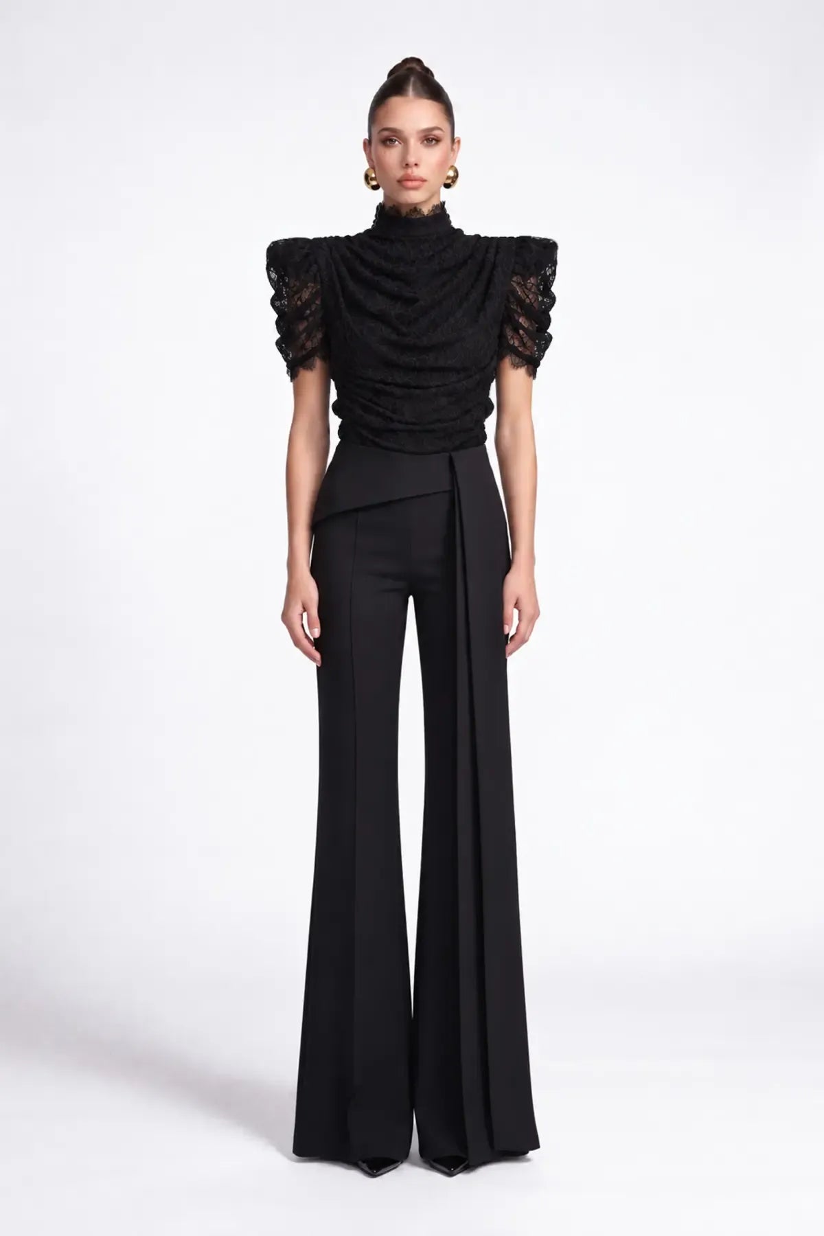 Siyah Drapeli Dantel Body - Siyah - Souvie