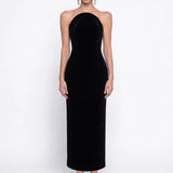 Siyah Kadife Midi Bodycon Elbise - Siyah - Souvie
