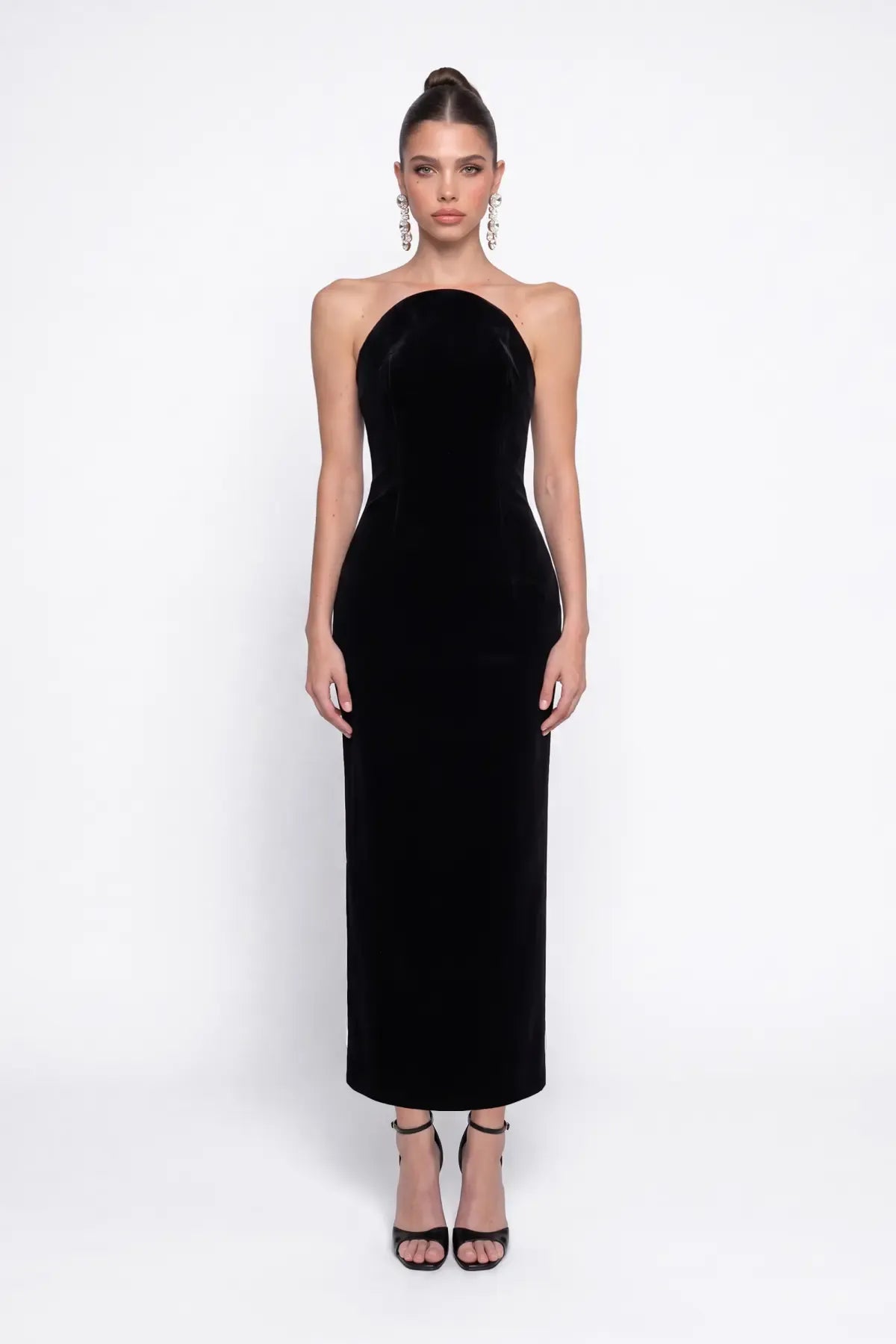 Siyah Kadife Midi Bodycon Elbise - Siyah - Souvie