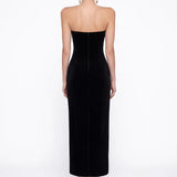 Siyah Kadife Midi Bodycon Elbise - Siyah - Souvie