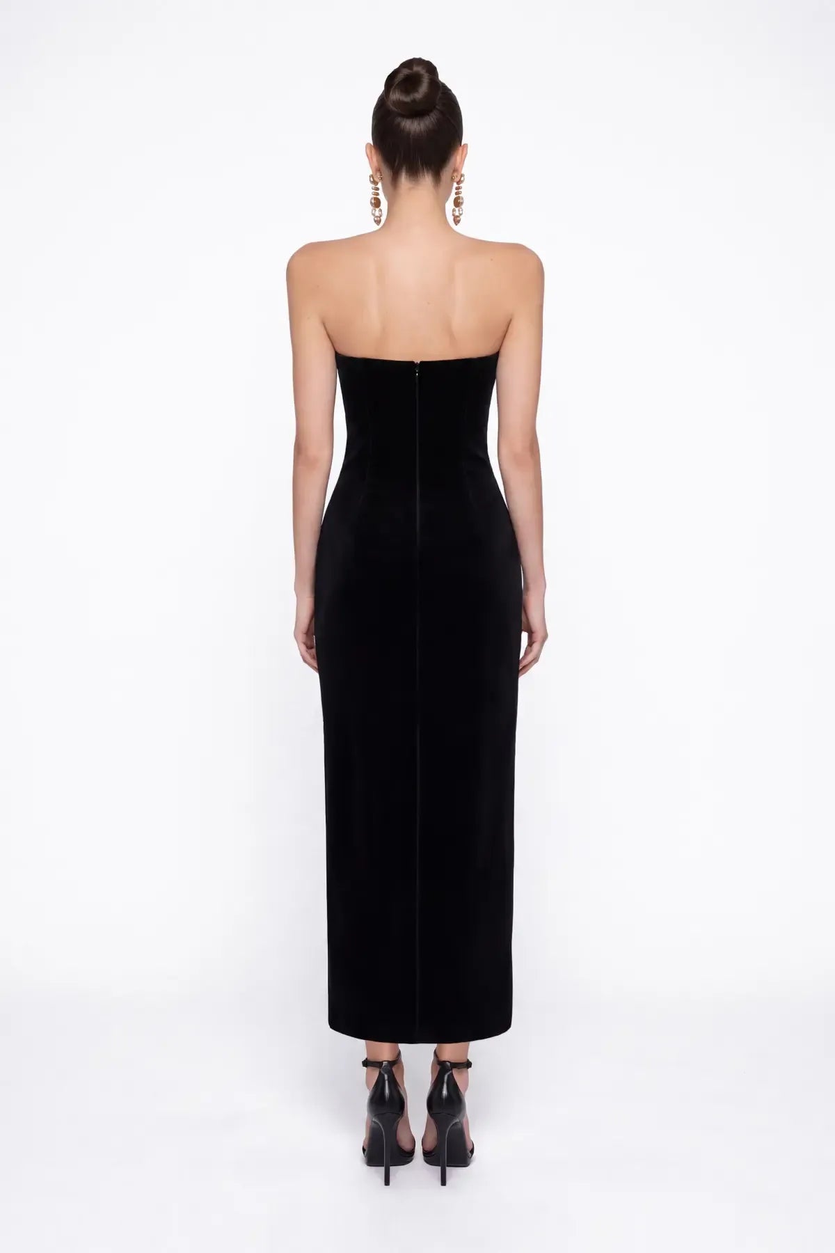 Siyah Kadife Midi Bodycon Elbise - Siyah - Souvie