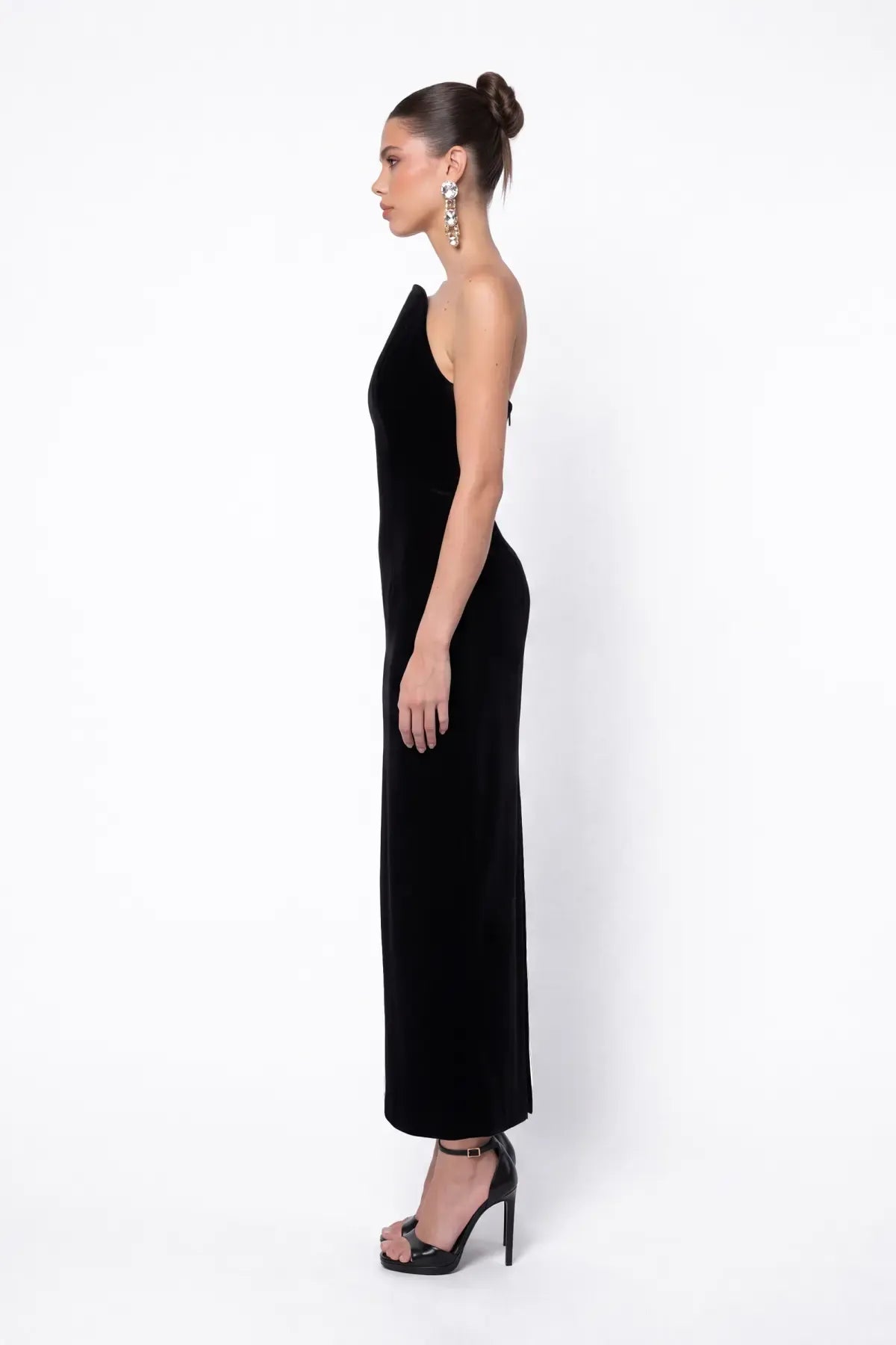 Siyah Kadife Midi Bodycon Elbise - Siyah - Souvie