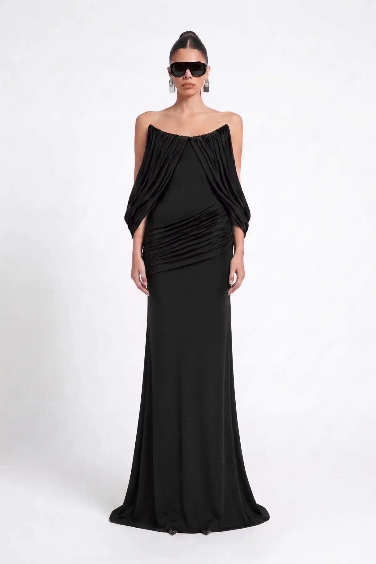 Siyah Straplez Drapeli Jarse Maxi Elbise - Siyah - Souvie