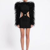 Siyah Tüy Detayli Cut-out Kadife Şeritli Mini Elbise - Siyah - Souvie