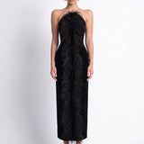 Siyah Tüy Detayli Kadife Bodycon Midi Elbise - Siyah - Souvie