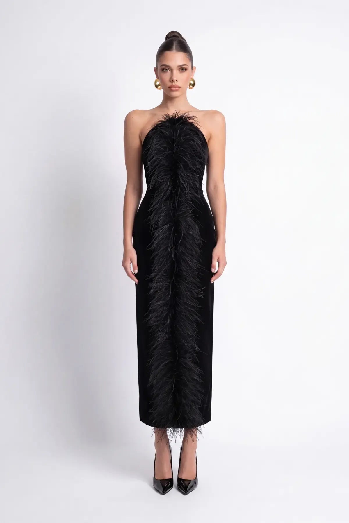 Siyah Tüy Detayli Kadife Bodycon Midi Elbise - Siyah - Souvie