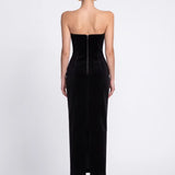 Siyah Tüy Detayli Kadife Bodycon Midi Elbise - Siyah - Souvie