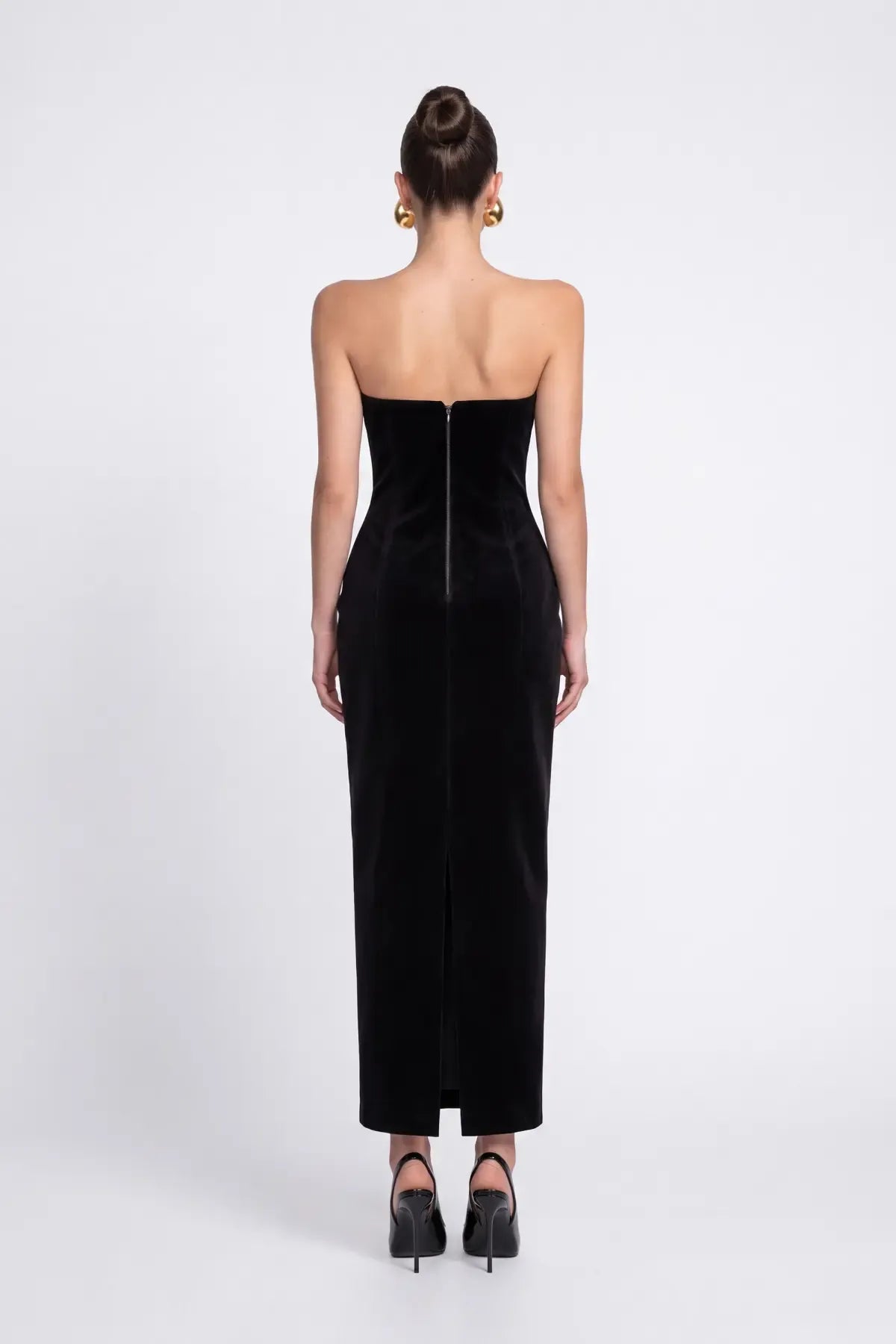 Siyah Tüy Detayli Kadife Bodycon Midi Elbise - Siyah - Souvie