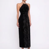 Siyah Tüy Detayli Kadife Bodycon Midi Elbise - Siyah - Souvie