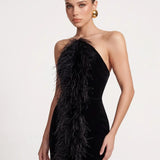 Siyah Tüy Detayli Kadife Bodycon Midi Elbise - Siyah - Souvie