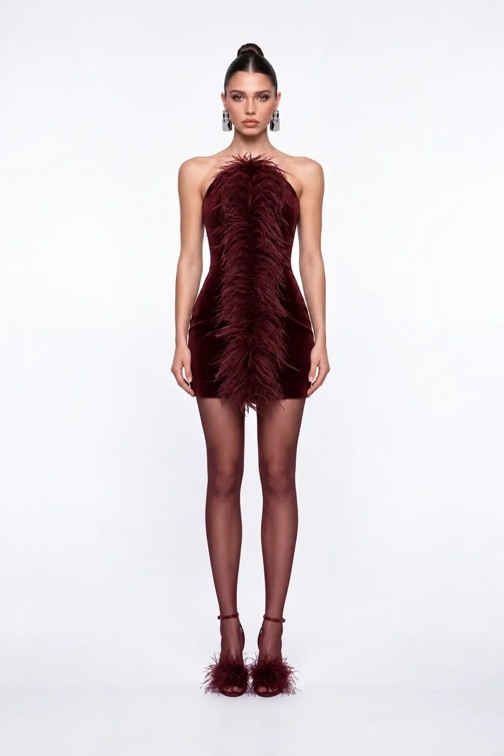 Tüy Detayli Bordo Kadife Mini Bodycon Elbise - Bordo - Souvie