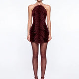 Tüy Detayli Bordo Kadife Mini Bodycon Elbise - Bordo - Souvie