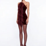 Tüy Detayli Bordo Kadife Mini Bodycon Elbise - Bordo - Souvie