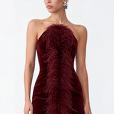 Tüy Detayli Bordo Kadife Mini Bodycon Elbise - Bordo - Souvie
