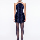 Tüy Detayli Lacivert Kadife Mini Bodycon Elbise - Lacivert - Souvie