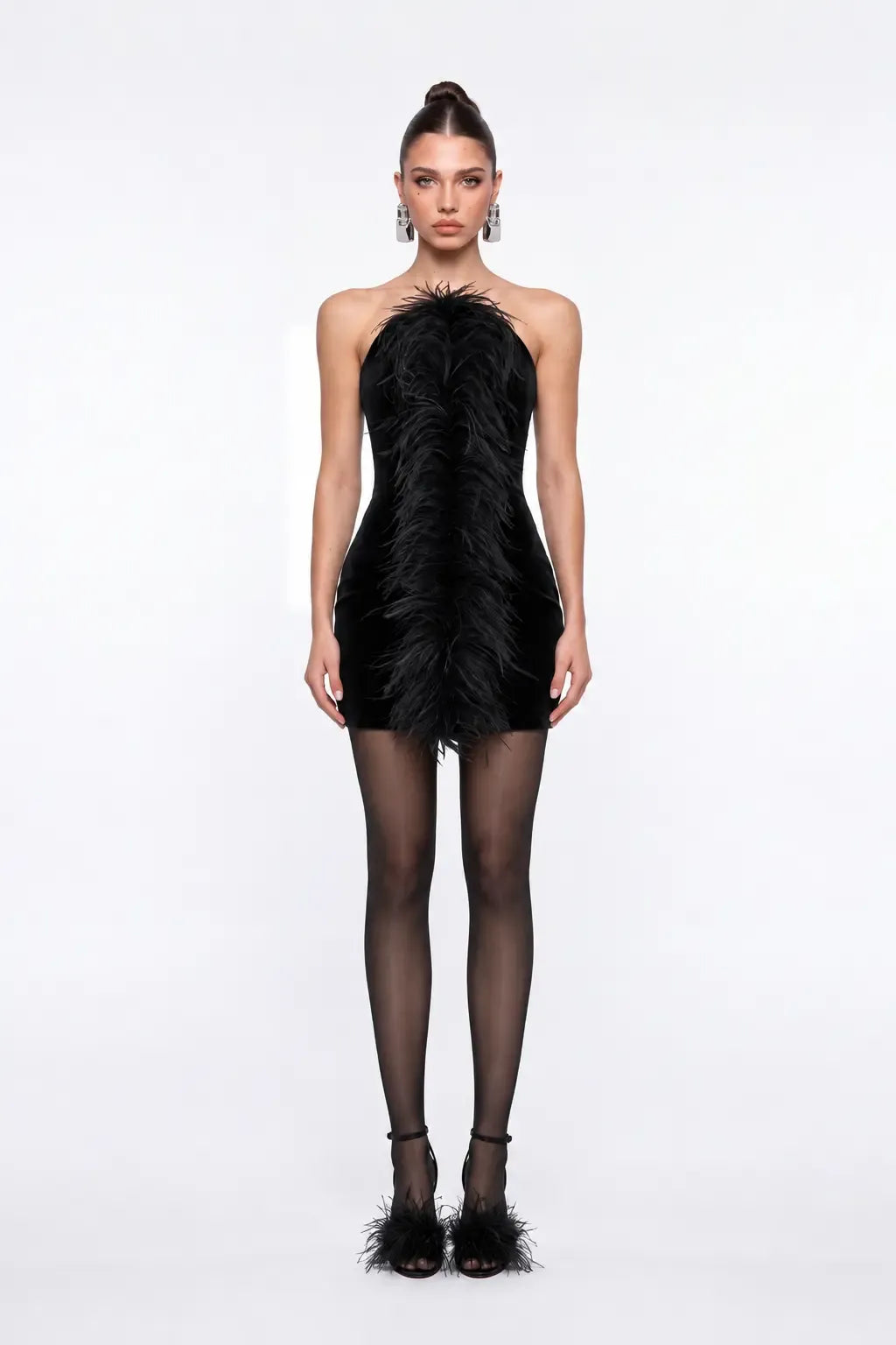Tüy Detayli Siyah Kadife Mini Bodycon Elbise - Siyah - Souvie