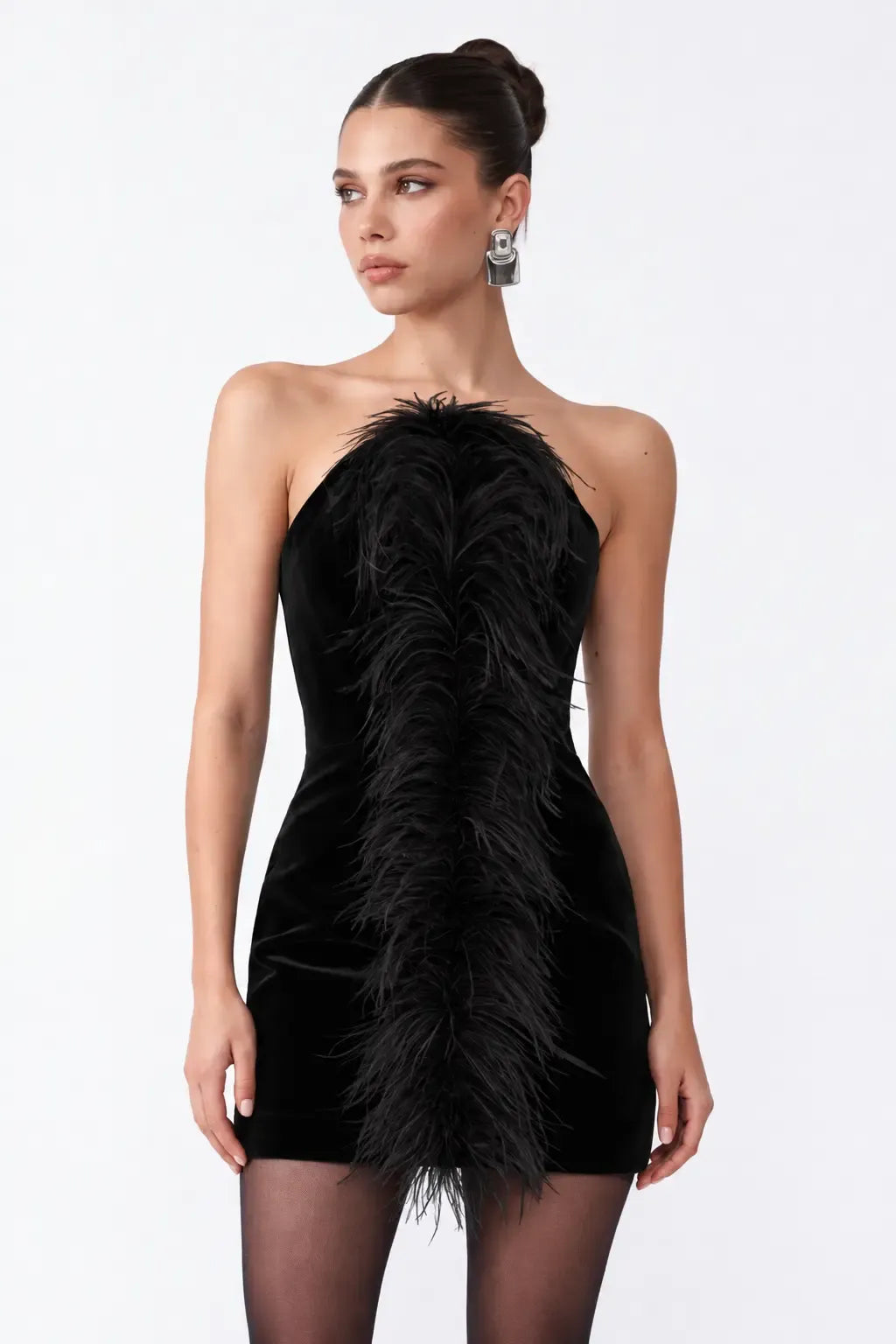 Tüy Detayli Siyah Kadife Mini Bodycon Elbise - Siyah - Souvie